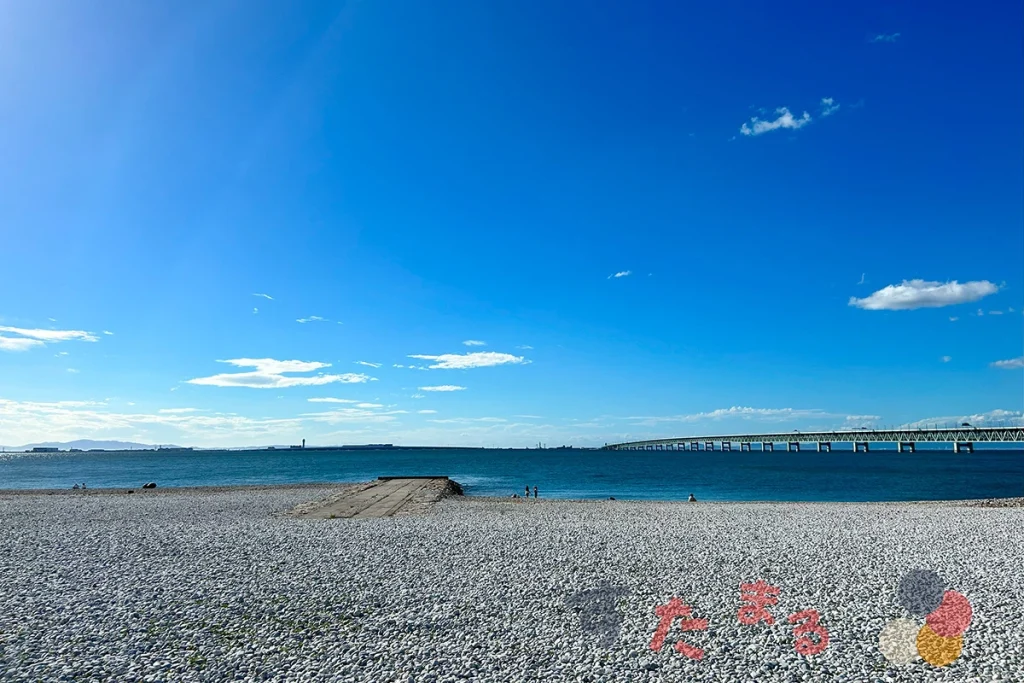 大阪の陸地から見た関西国際空港KIXと連絡橋スカイゲートブリッジの写真